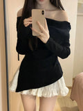 Yipinpay Quality Outfits 2 Piece Skirt Set Slash Neck Luxury Long Sleeved Top + Elastic Waist A-Line Skirt Coquette Autumn Winter