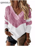 Yipinpay Autumn Winter V-neck Women's Pullover Leopard Striped Vintage Long Sleeve Knit Top Korean Fashion Pink Women Sweater Jersey