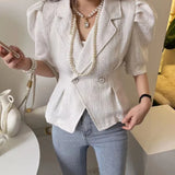 Yipinpay Puff Short Sleeve Slim High Crop Coat Double Breasted Cardigan Femme Suit New Y2k Chaquetas Mujer White Tweed Jacket