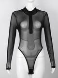 Yipinpay Mo Spring Mesh See Through Zipper Women Bodysuit Long Sleeve O-Neck Body Tops 2023 Black Sexy Clubwear Female Bodysuits