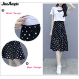 Yipinpay Summer New Short-sleeved T-shirt Chiffon Polka Dot Skirt Two-piece Set Women's All-match White Top Black Midi Skirts Suit