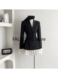 Yipinpay Women Formal Blazer Lapel Collar Autumn Winter Office Lady Korean Patchwork Contrast Color Outerwear Single Breasted Suit Jacket