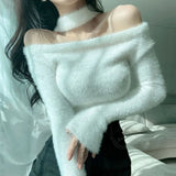 Yipinpay Shirts for Women Pullover Jumper Sueter Mujer Slash Neck Off Shoulder Sexy Pink Sweaters Sweet Crop Korean Fashion Tops