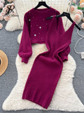 Yipinpay Winter Beading Knitted Suits Women Loose Long Sleeve Beading Pullover+ Midi Dress Fashion Warm Sweater Two Piece Sets