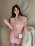 Yipinpay Winter Blue Sexy Slim Bodycon Dress Woman Korean Fashion Elegant Knitted Dress Short Party Y2k Mini Dress Office Lady Chic