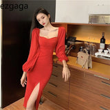 Yipinpay Vintage Dresses Women Puff Long Sleeve Square Collar Autumn Fashion Backless Split Slim Sexy Dress Elegant Party Ladies