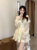 Yipinpay Sleeve Elegant Mini Dress Lolita Pure Color Short Party Dress Woman Casual 2024 Spring Sweet One Piece Dress Korean Fashion