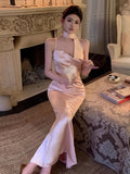 Yipinpay Elegant Dresses Women Ribbon Sleeveless Sexy Slim Satin Spring Backless Mermaid Dress Party Vintage Temperament Female