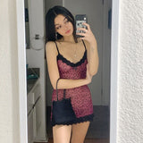 Yipinpay Women Sleeveless V Neck Slim Fit Evening Party Club Fashion Vintage Mini Dress Elegant Leopard Print Lace Pink Slip Dress