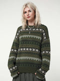 Yipinpay Womens Y2K Grunge Autumn Winter Casual Sweater Long Sleeve Round Neck Vintage Pattern Print Knitwear Pullovers