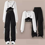 Yipinpay Women's Tracksuit Suit 2024 Autumn New Fashion Short Sweater+Strap+Cargo Pants Three Piece Korean Elegant Matching Set