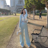 Yipinpay Top Camisole Autumn 2023 Short Blue Cardigan Outwear Sweater Jacket Wide Leg Knitting Pink Pants Tracksuit 3 Sets