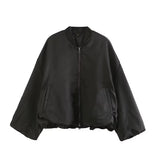 Yipinpay 2024 Women Oversize Crop Bomber Jacket Coat Vintage Puff Sleeve Zipper Female Short Outerwear Chic Tops