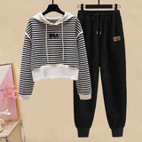 Yipinpay Women's Tracksuit 2024 Fall/Winter New Striped Embroidered Sweater + Cotton Pants Two-piece Korean Casual Hoodies Trousers Suit