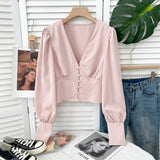 Yipinpay Women Blusas Casual Long Sleeve Elegant Sexy V-neck Blouses Ladies Buttons Crop Top Female Slim Fashion White Shirts