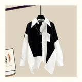 Yipinpay Women's Fashion Set 2024 Spring Autumn New Splicing Shirt+Elastic Waist Wide Leg Pants Two Piece Korean Chic Blouse Trouser Suit