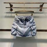 Yipinpay New Korean Fashion Large Pocket A-line Denim Skirt Women Spicy Girls High Waist Anti Glare Half White Short Skirt