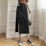 Yipinpay Long Maxi Denim Skirt for Women's Y2k Korean Fashion 2023 Female Loose Sexy Side Slit Open Legs Skirts Jeans Retro Bag Hip