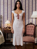 Yipinpay MO Fashion Lace Hollow Out Bandage Midi Dress For Women's Summer Outfits Lacing Shortsleeve White Slim Dresses New 911