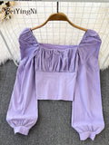 Yipinpay Puff Sleeve Square Collar Shirts Women Elegant Sexy Ruched Korean Female Blouses Streetwear Y2K Harajuku Blusas Tops