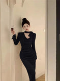 Yipinpay Temperament Dresses Women Bow Bandage Swinging Collar Flare Long Sleeve Solid Vintage Elegant Dress French Style