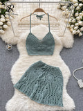 Yipinpay Beach Suits Women Halter Sexy Backless Camisole+Hook Flower Hollow Out Skirt Vacation Hotsweet Knitted Two Pieces Sets