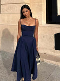 Yipinpay Sexy Women Corset Style Low Waist Midi Sling Dress Vintage Navy Blue Female Party Robe
