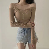 Yipinpay for Women 2023 Sexy Slash Neck Long Sleeve White Off Shoulder Chain Tshirt Ropa Mujer Graphic T-shirts Y2k Top Camisetas