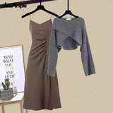 Yipinpay Autumn/Winter New Dress Matching Set Women's Chic Irregular Knit Sweater Sling Skirt Two Piece Korean Elegant Pullover Suit