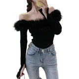 Yipinpay Women Vintage T-shirts Fall Winter 2023 Sexy Top y2k Clothing Harajuku Office Ladies Off Shoulder Long Sleeve Top Streetwear