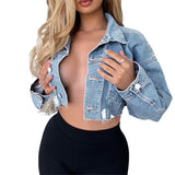 Yipinpay Autumn New Women's Long Sleeve Ripped Denim Jacket Fashion Sexy Short Jeans Coat Casual Clothing XS-L