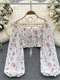 Yipinpay Summer French Style Print Short Blouse 2024 Long Sleeves Elastic Beach Top Women Fashion Backless Ruched Floral Blouse