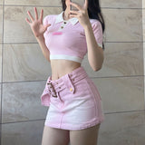 Yipinpay Pink Sexy Girl Jean Skirt Women Summer Y2k Belt Cute Low Waist A-line Slim Denim Mini Skirt Korean Style Streetwear