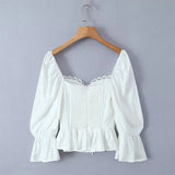 Yipinpay Y2K Women High Quality Lace Trim White Blouse Front Lacing Up Puff Sleeve Sexy Elegant Sweet Crop Top