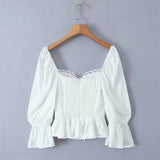 Yipinpay Y2K Women High Quality Lace Trim White Blouse Front Lacing Up Puff Sleeve Sexy Elegant Sweet Crop Top