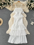 Yipinpay 2024 Women Hotsweet Chiffon Sundress Strap Cake Backless Sheath Bodycon Long Dress Vacation Retro Elastic Beach Dress
