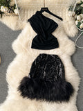 Yipinpay Hotsweet Women Fashion Suits Diagonal Collar Slim Tops+Mini Sequins Fur Skirt New Ins Club Party Sexy Two Pieces Sets