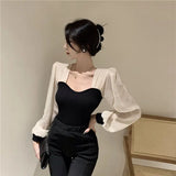 Yipinpay Slim Blusas Mujer French Square Long Sleeve Short Shirt Thin Womens Tops Chiffon Blouse Wild Elegant Knitwear Black Shirts