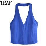 Yipinpay Black White Halter Top Female Tied Backless Crop Top Women Blue Sleeveless Sexy Tops Woman Fashion Off Shoulder Summer Tops