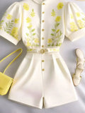 Yipinpay Tailored Trousers Retro Printed Short Sleeved Shirt Puff Short Sleeve Blouse Korean Tops 2 Piece Sets White Shorts Suits