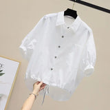 Yipinpay Summer New Bat Sleeve Shirt Women Loose Casual Hem Waist Short Sleeve Blouse Solid Crop Tops Half White Shirts Lady