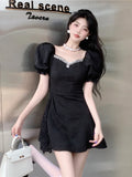 Yipinpay Woman Dress V Neck Diamonds Puff Short Sleeve Flowers Lace Patchwork Vintage Korean Fashion Elegant Dresses Sexy