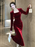 Yipinpay Dress Woman Vintage Square Collar Long Sleeve Slim Velvet Mermaid Dresses French Style Chic Solid Slim Female Fashion