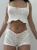 Yipinpay Women's Y2K Vintage 2 Piece Lounge Set White Sweet Pea Print Sleeveless Cami Tops + Low Waist Shorts Sleepwear Sets