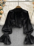 Yipinpay High Quality Satin Loose Shirt Long Flared Sleeves Ruffles O Neck Beading Women Gentle Office Lady Casual Blouse