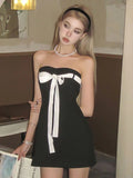 Yipinpay Aesthetic Sexy Sweet Dress Women Mall Gothic Streetwear Fairycore Strapless Bow Patchwork High Waist Mini Dress Female