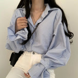 Yipinpay Lantern Sleeve Blue Stripe Shirt Camisas Blusas Mujer Loose Casual Black Top Women's Clothing Blouses Office Lady Shirts