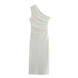Yipinpay Elegant Women White Draped Asymmetric Midi Dress Party Vestidos