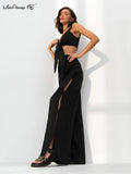 Yipinpay Fashion Black Linen Slit Pants Sets Women 2 Pieces Vacation Outfits Lace-Up Crop Tops Baggy Pant Cotton Suits Summer