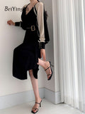 Yipinpay French Vintage Dress Women Belt Sexy Elegant Office Ladies V-neck Dresses Patchwork Casual Stylish Long Sleeve Vestido